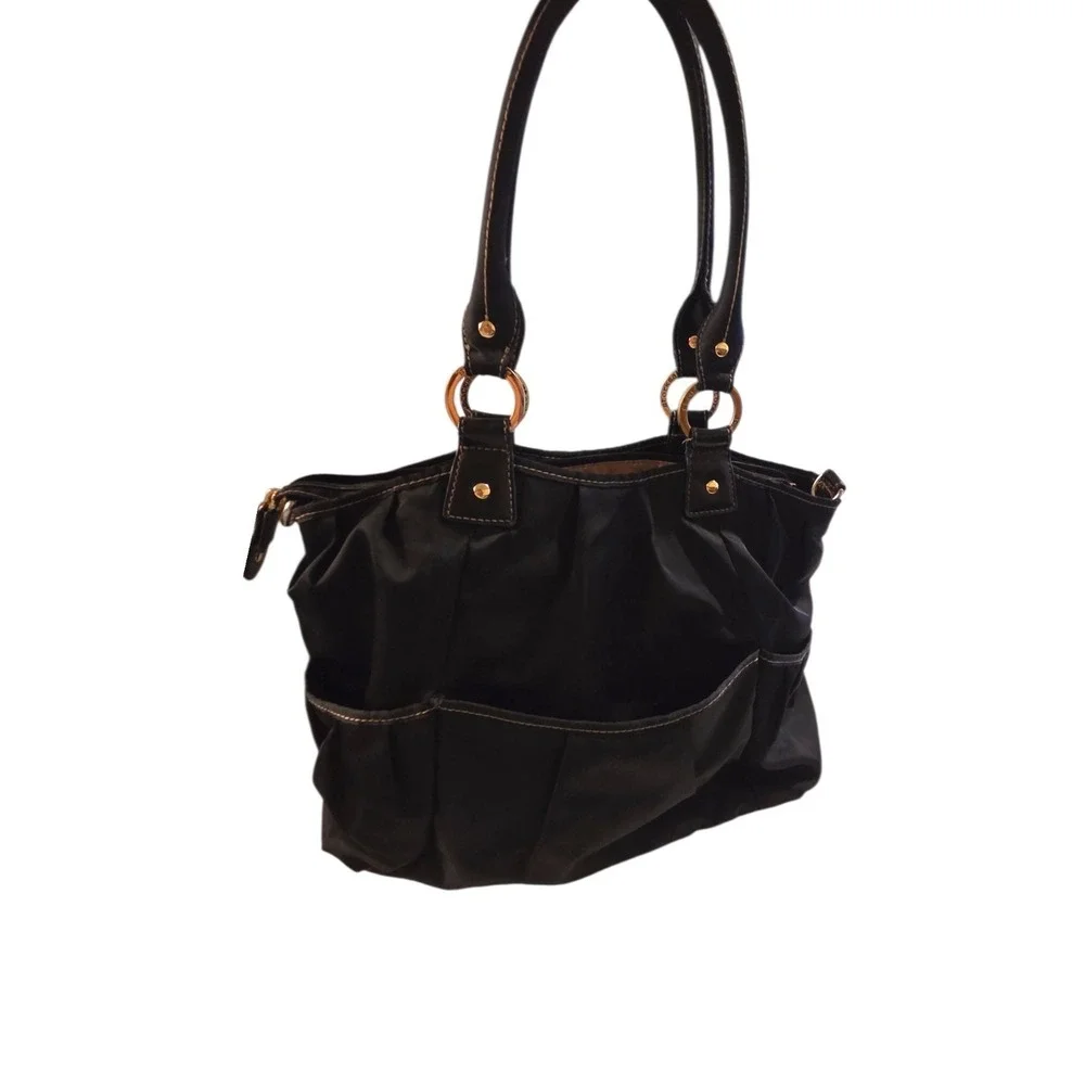 Storksak Olivia Diaper Bag Black Satin Nylon Multiple Pockets